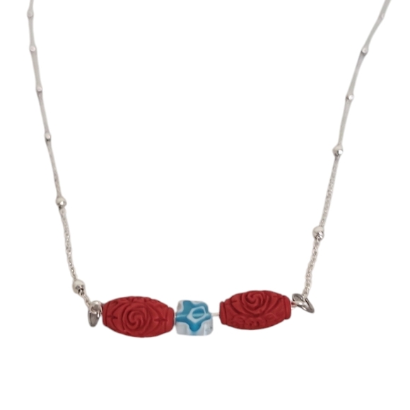 Hand Crafted Silver Plated Carved Cinnabar Millefiori Glass Ball Chain Necklace - Picture 4 of 4